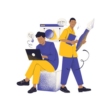 Two designers collaborate on a project one using a laptop and the other holding a