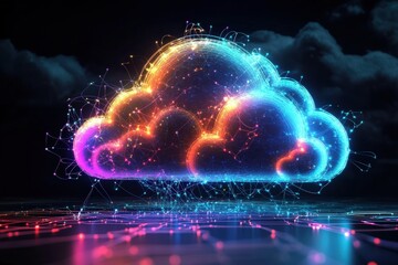 Poster - A glowing digital cloud composed of interconnected nodes and lines floats above a reflective surface against a dark, cloudy background.