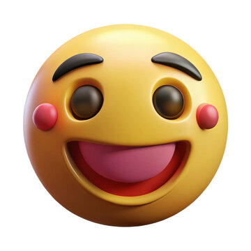 A cheerful 3d rendered emoji with rosy cheeks and a wide open mouth expressing joy and happiness isolated on transparent background