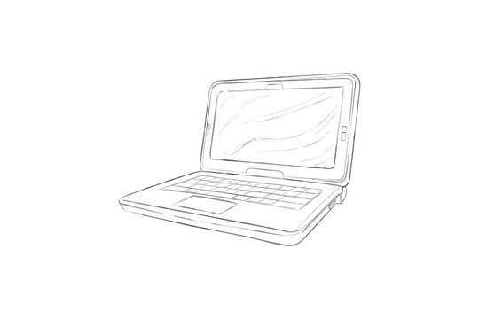 Sketch illustration of a laptop computer with open screen keyboard and touchpad isolated on white background for graphic design purposes