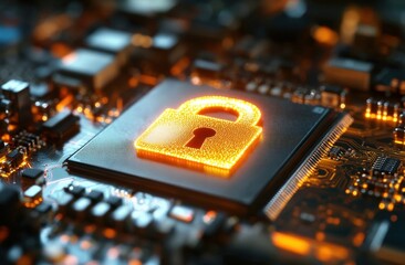 Poster - A glowing orange padlock icon on a microchip symbolizes cybersecurity and data protection in digital technology.