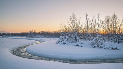 Poster - End of winter view featuring an ice-coated river and trees, horizontal perspective with empty space