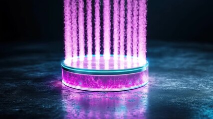 Poster - Futuristic glowing container with vibrant purple liquid and ethereal light effects in a dark atmospheric setting 4k video footage