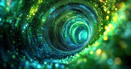 Poster - A glowing, tunnel-like spiral made of countless shimmering green and blue particles creating a mesmerizing abstract vortex.
