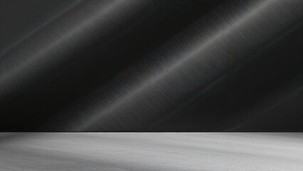 Poster - Diagonal soft tech background in black and dark shades with metal textured floor and wall, complemented by abstract white and silver accents.