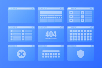 Fototapete - Web browser window, transparent pages layout with toolbar and search field. Modern website, internet page. Browser mockup for computer, tablet and smartphone. Adaptive UI. Vector illustration