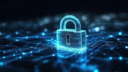 Poster - A digital glowing padlock representing cybersecurity and data protection on a network grid with interconnected points.