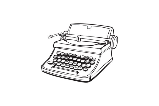 Vintage Typewriter Illustration in Black and White Outline Style for Creative Writing and Journalism Concepts and Retro Designs, Art & illustration