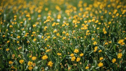 Poster - Tiny yellow blossoms in a lush green meadow under natural sunlight with space for text
