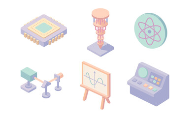 Poster - Isometric technology icons featuring quantum computing and data analysis elements