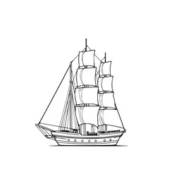 Fototapete - Sailing Ship Line Art: A classic monochrome illustration of a three-masted sailing ship with full sails, showcasing its elegant design and nautical details against a white backdrop.