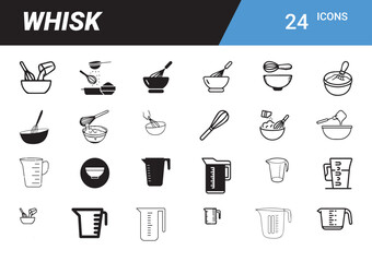 Poster - Whisk Icon Set: A comprehensive array of sleek, minimalist line art icons of whisks, mixing bowls, measuring cups, and other baking utensils, perfect for culinary or kitchen design applications.
