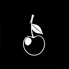 Poster - Single Cherry: A minimalist line art illustration of a single cherry with a leaf, depicted in stark white against a black background. Simple, elegant, and symbolic.