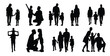 © Rocky - Black silhouette of parents and children in daily life activities, walking, pointing, talking and bonding poses, vector family figures on white background for parenting and awareness designs
