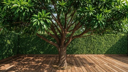 Wall Mural - Sun rays illuminating a tree within a lush tropical garden setting; wooden deck featuring a green plant wall and wood plank floor behind it.