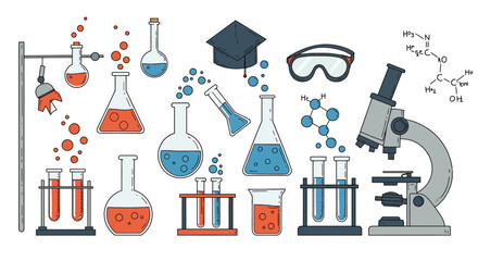 Illustration of various laboratory equipment, including beakers, test tubes, microscope, graduation cap, and safety glasses, with chemical structures.