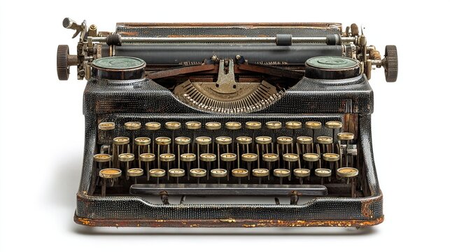 An antique, weathered writing machine, detailed with keys, a roller, and metal components against white