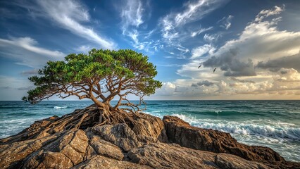 Wall Mural - Vibrant coastal scene featuring a remarkable tree growing out of stone beneath an overcast sky