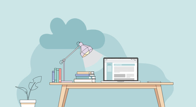 Home office desk setup with laptop, lamp, books, and plant against a light blue background