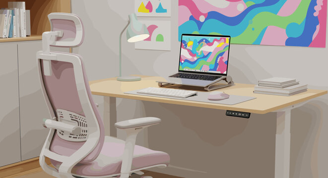 Modern home office setup with ergonomic chair, standing desk, laptop, and colorful artwork