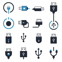 Poster - Collection of USB Connector Icons in Blue and Black Isolated on White