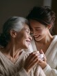 © fotofabrika - Smiling women share a tender moment while applying skincare in a cozy indoor setting during late afternoon light