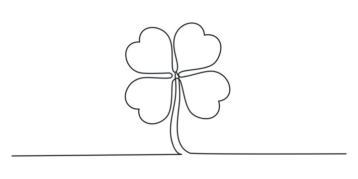 Happy St.  Continuous one line drawing of four leaf clover. Isolated on white background vector illustration