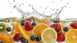 © triocean - Freshly cut fruits in a splash of water - strawberries, blueberries, orange slices, lemon slices, and kiwi slices. A healthy diet advertisement.