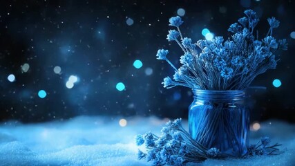 Poster - Blue Flower Bouquet in Glass Jar with Dreamy Bokeh Background and Gentle Light Effects 4k video footage