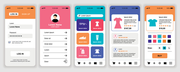 Online shopping mobile app interface templates set. Web design kit with phone display, store assortment, order, choosing colour and size. Pack of UI, UX, GUI screens for application. Vector design.