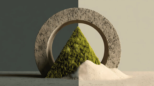 Abstract art showcases a green triangle within a concrete circle, symbolizing balance and nature.