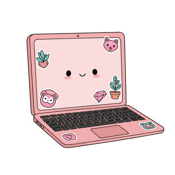 Pink Laptop Decorated with Kawaii Stickers: Happy Face, Plants, Animals