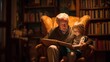 © Supachok - Grandfather sitting in an armchair telling a story to a small grandchild sitting on his knee, warm ambient lighting, bookshelf in background, storytelling moment full of love