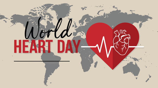 World Heart Day Poster Illustration with Human Heart, Heartbeat Line, Medical Icons and Healthy Lifestyle Symbols