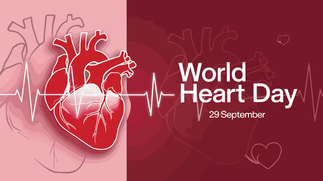 World Heart Day Poster Illustration with Human Heart, Heartbeat Line, Medical Icons and Healthy Lifestyle Symbols