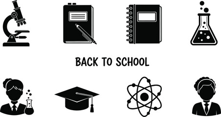 Fototapete - Vector art of a black and design shows science equipment and students with back to school text in the middle