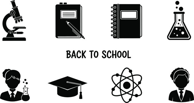 Vector art of a black and design shows science equipment and students with back to school text in the middle