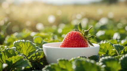 Poster - Organic strawberries harvested from a private garden placed in a plastic dish. Summer time on a farm in the countryside. Farming concept