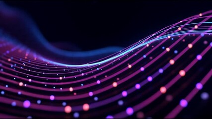 Poster - Digital particles glowing, streaming dynamically across dark space, forming wave like patterns symbolizing technological progression and data communication networks