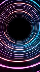 Poster - Glowing neon circles expand on a dark reflective surface, creating a vibrant and dynamic visual with a central black space perfect for text or logos