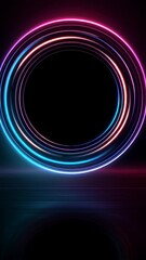 Poster - Neon circles spinning across dark background, creating rhythmic light patterns while shifting luminescent colors with dynamic, hypnotic intensity