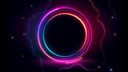 Poster - Glowing neon circles radiating vibrant colors, pulsing dynamically against deep black background with mesmerizing light and color transitions