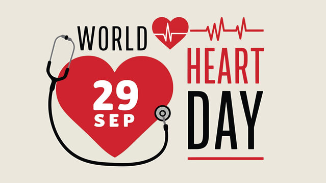 World Heart Day Poster Illustration with Human Heart, Heartbeat Line, Medical Icons and Healthy Lifestyle Symbols