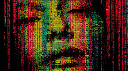 Poster - Glitch vector background with abstract face in vivid colors  