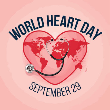 World Heart Day Poster Illustration with Human Heart, Heartbeat Line, Medical Icons and Healthy Lifestyle Symbols