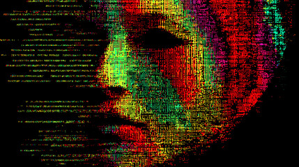 Poster - Abstract portrayal of a face with glitch effects and vibrant colors  