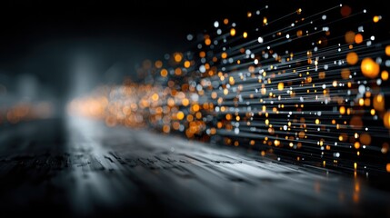 Fototapete - Abstract digital data flow with glowing orange dots on a black background, representing fast information transfer and modern technology connections.