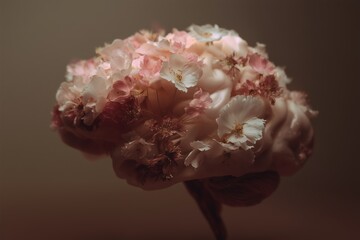 Poster - Creative arrangement of delicate flowers resembling a brain, showcasing intricate beauty and detail in a soft light setting