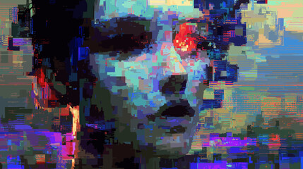 Poster - Abstract portrait with glitch effect in vibrant colors  