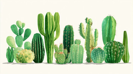 Poster - A collection of various green cacti species arranged on a plain white background art